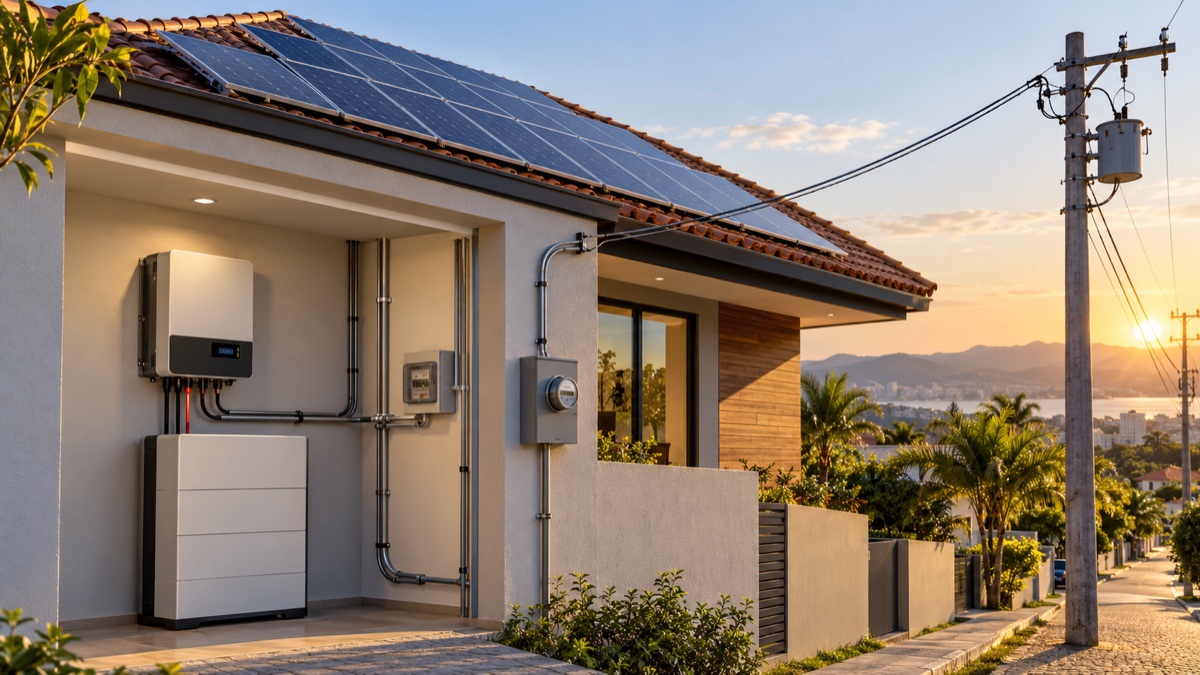 Sistema solar híbrido: rede, geração fotovoltaica e baterias — imagem ilustrativa