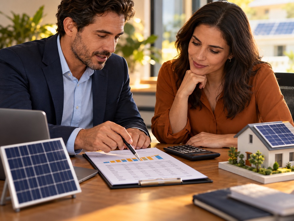 Cliente e consultor avaliando financiamento de projeto solar — imagem ilustrativa