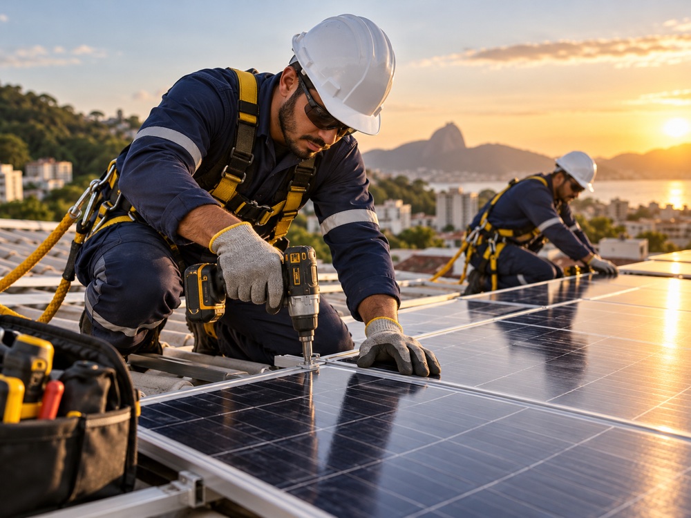 Técnicos instalando painéis fotovoltaicos — imagem ilustrativa