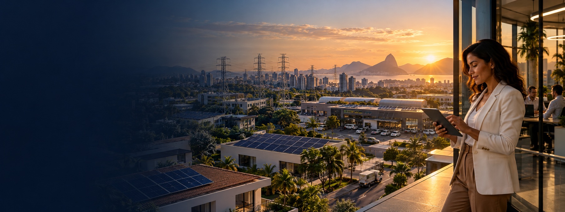 Cidade com infraestrutura elétrica e geração solar — imagem ilustrativa