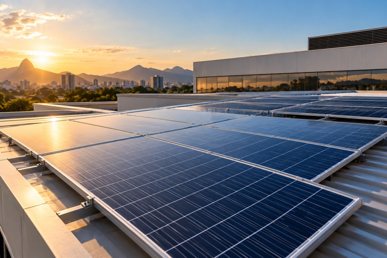 Painéis fotovoltaicos instalados na cobertura de uma edificação — imagem ilustrativa